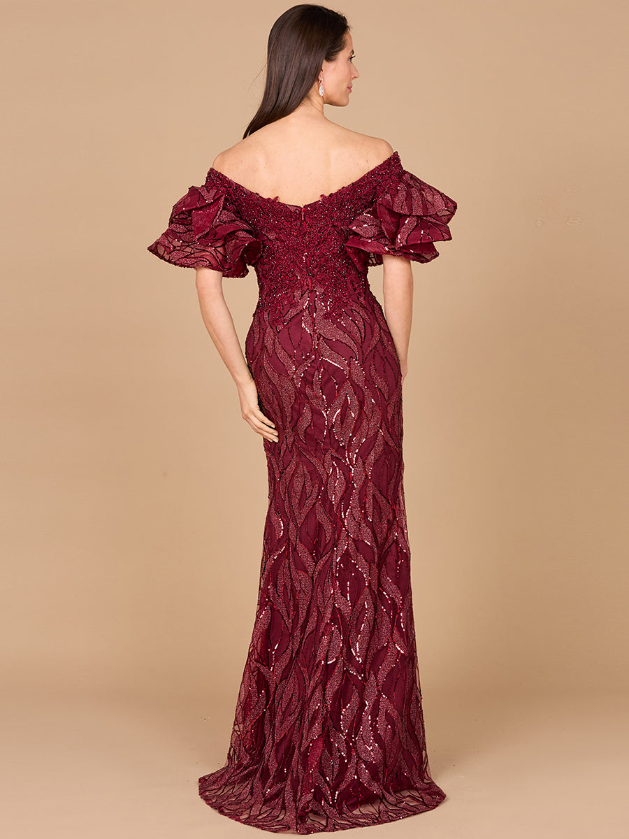 Off Shoulder Mermaid Beaded Gown with Tiered Sleeves by Lara New York