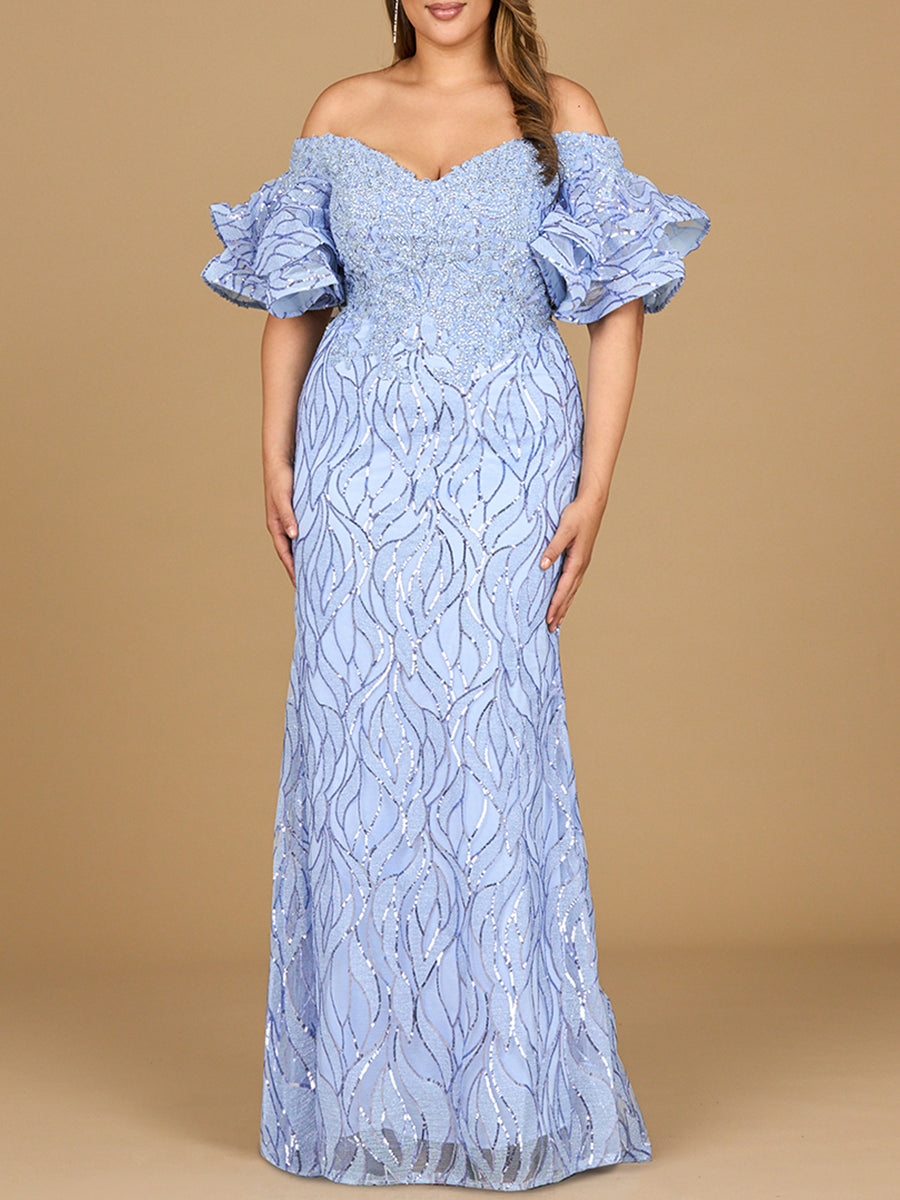Off Shoulder Mermaid Beaded Gown with Tiered Sleeves by Lara New York