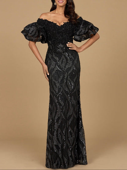 Off Shoulder Mermaid Beaded Gown with Tiered Sleeves by Lara New York