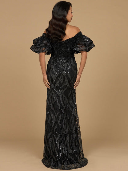 Off Shoulder Mermaid Beaded Gown with Tiered Sleeves by Lara New York