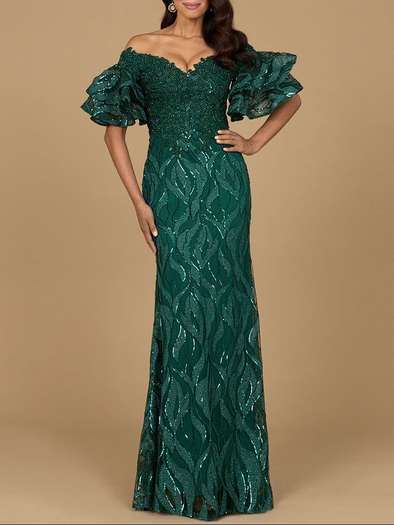 Off Shoulder Mermaid Beaded Gown with Tiered Sleeves by Lara New York