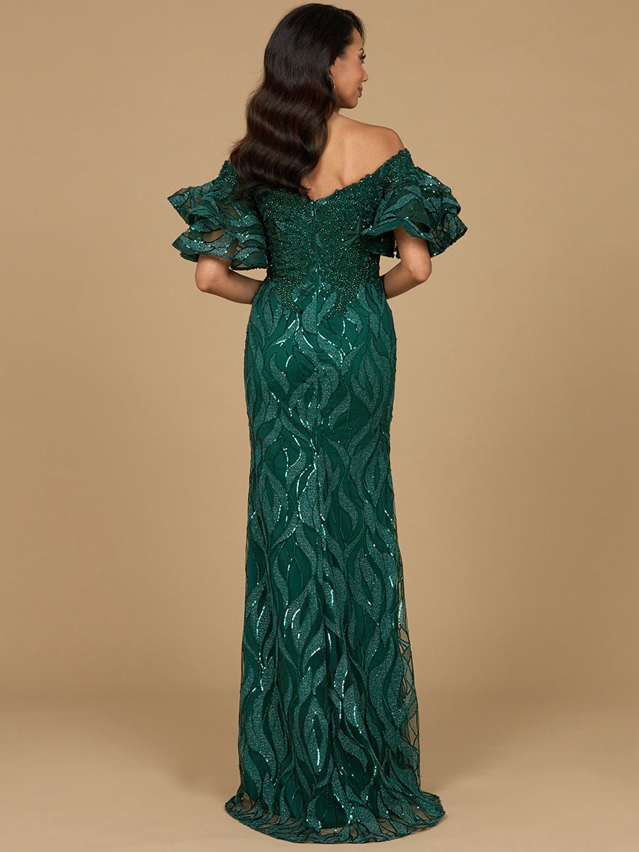 Off Shoulder Mermaid Beaded Gown with Tiered Sleeves by Lara New York