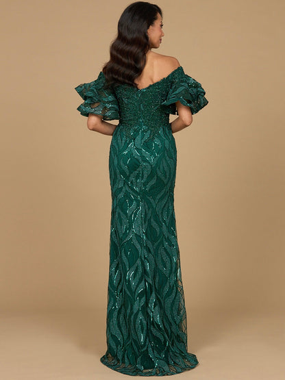 Off Shoulder Mermaid Beaded Gown with Tiered Sleeves by Lara New York