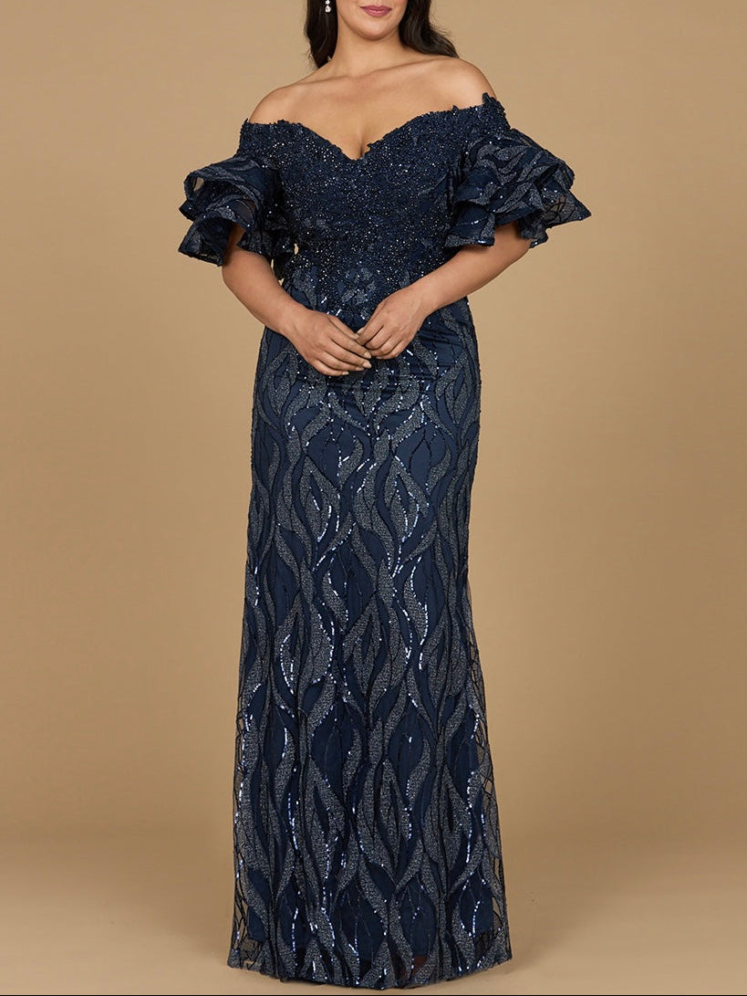 Off Shoulder Mermaid Beaded Gown with Tiered Sleeves by Lara New York
