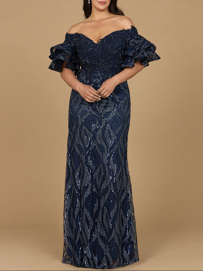 Off Shoulder Mermaid Beaded Gown with Tiered Sleeves by Lara New York