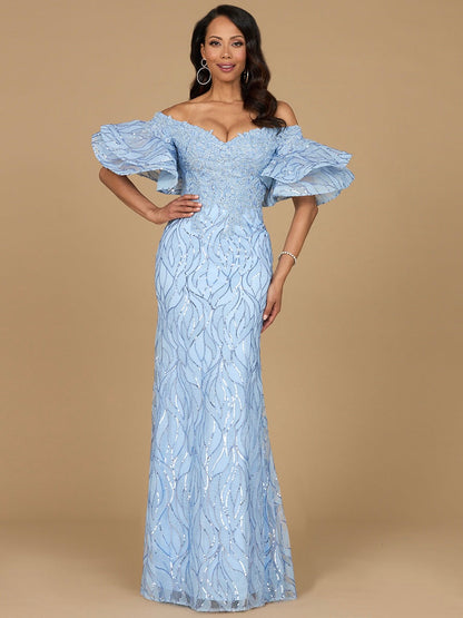 Off Shoulder Mermaid Beaded Gown with Tiered Sleeves by Lara New York