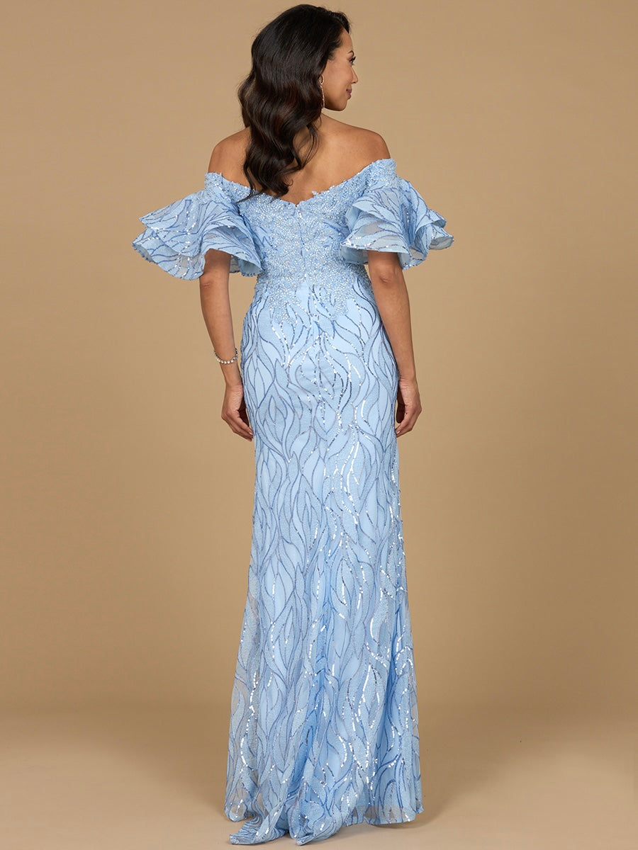 Off Shoulder Mermaid Beaded Gown with Tiered Sleeves by Lara New York