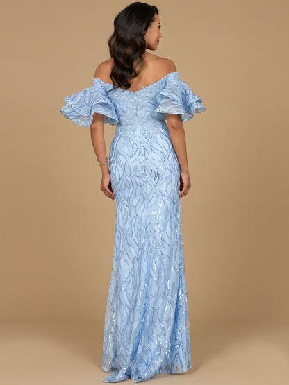Off Shoulder Mermaid Beaded Gown with Tiered Sleeves by Lara New York