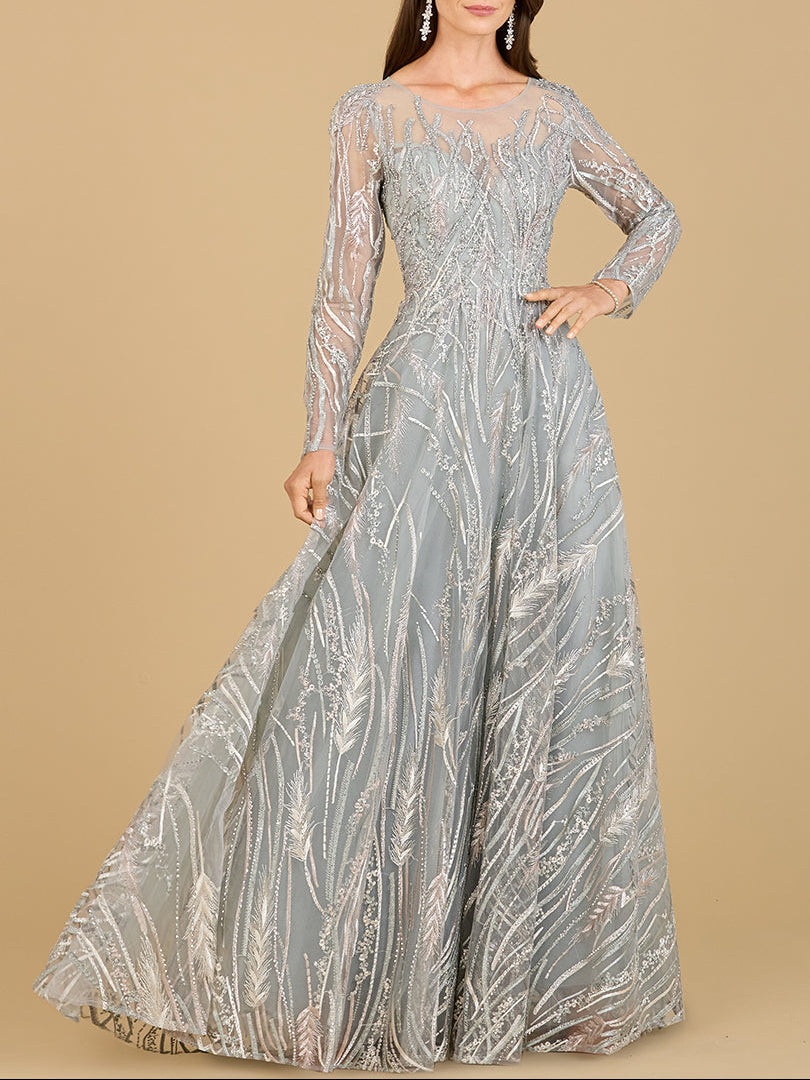 Long Sleeve Illusion Neck Gown by Lara New York
