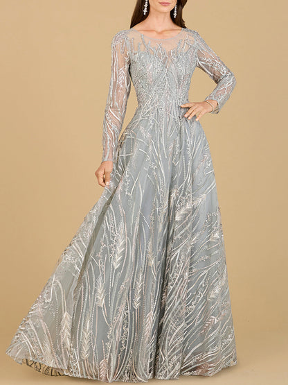 Long Sleeve Illusion Neck Gown by Lara New York