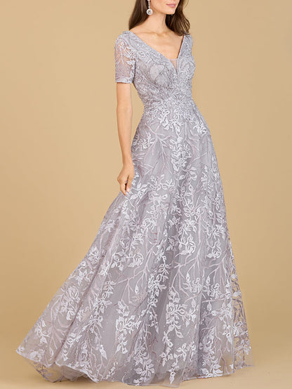 Short Sleeve Lace A-Line Dress with V-Neckline by Lara New York