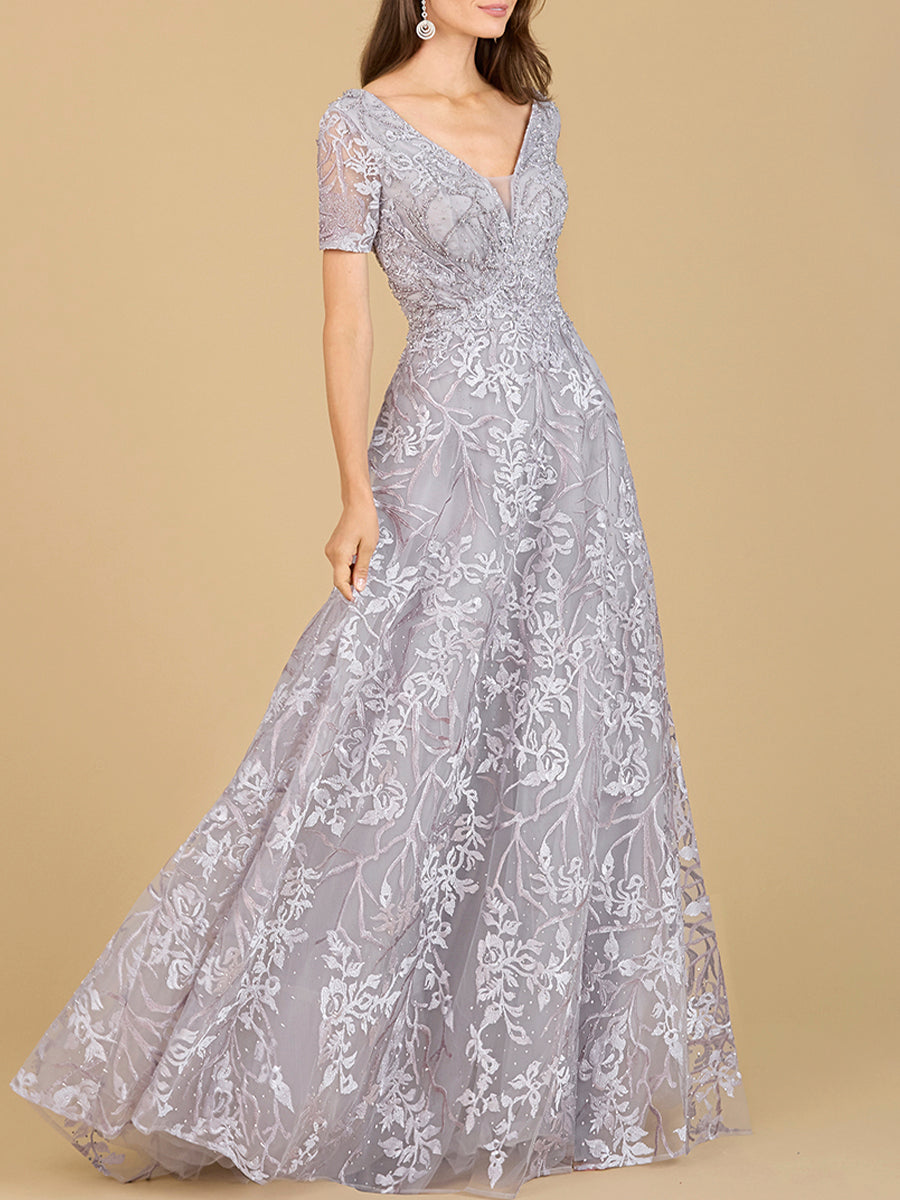 Short Sleeve Lace A-Line Dress with V-Neckline by Lara New York