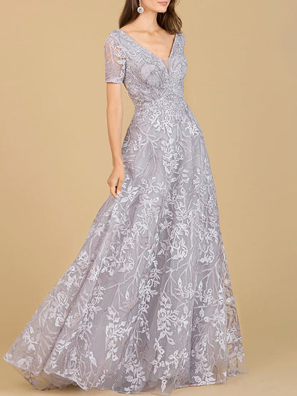 Short Sleeve Lace A-Line Dress with V-Neckline by Lara New York