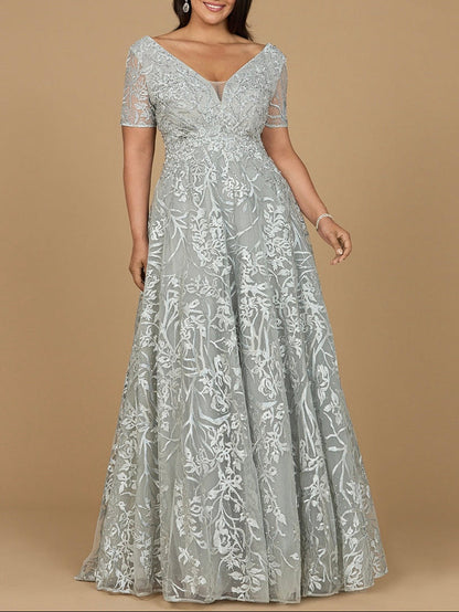Short Sleeve Lace A-Line Dress with V-Neckline by Lara New York