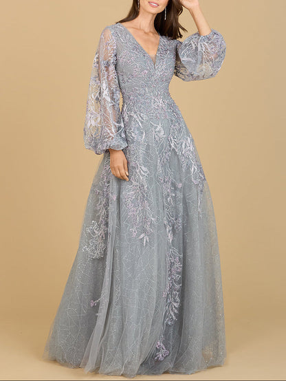 V Neckline Balloon Sleeve Gown by Lara New York