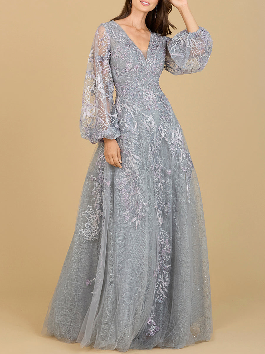 V Neckline Balloon Sleeve Gown by Lara New York
