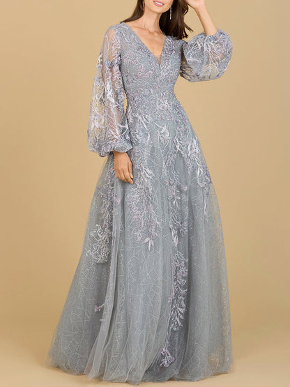 V Neckline Balloon Sleeve Gown by Lara New York
