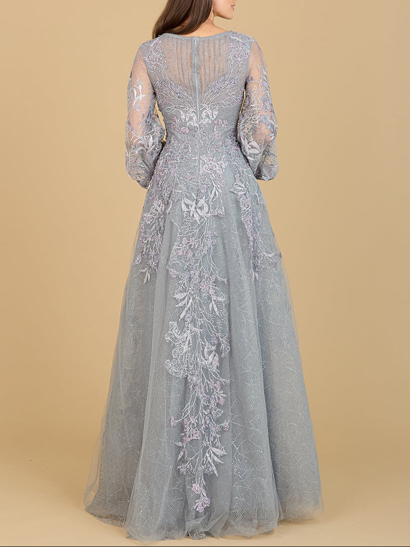 V Neckline Balloon Sleeve Gown by Lara New York