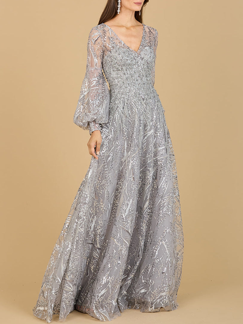 V Neckline Long Sleeve Gown by Lara New York
