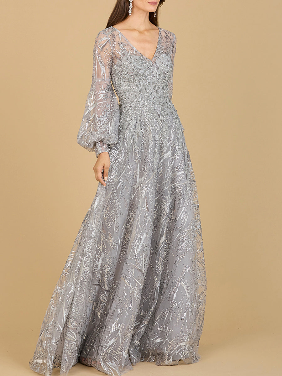 V Neckline Long Sleeve Gown by Lara New York