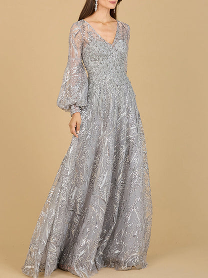 V Neckline Long Sleeve Gown by Lara New York