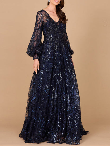 V Neckline Long Sleeve Gown by Lara New York