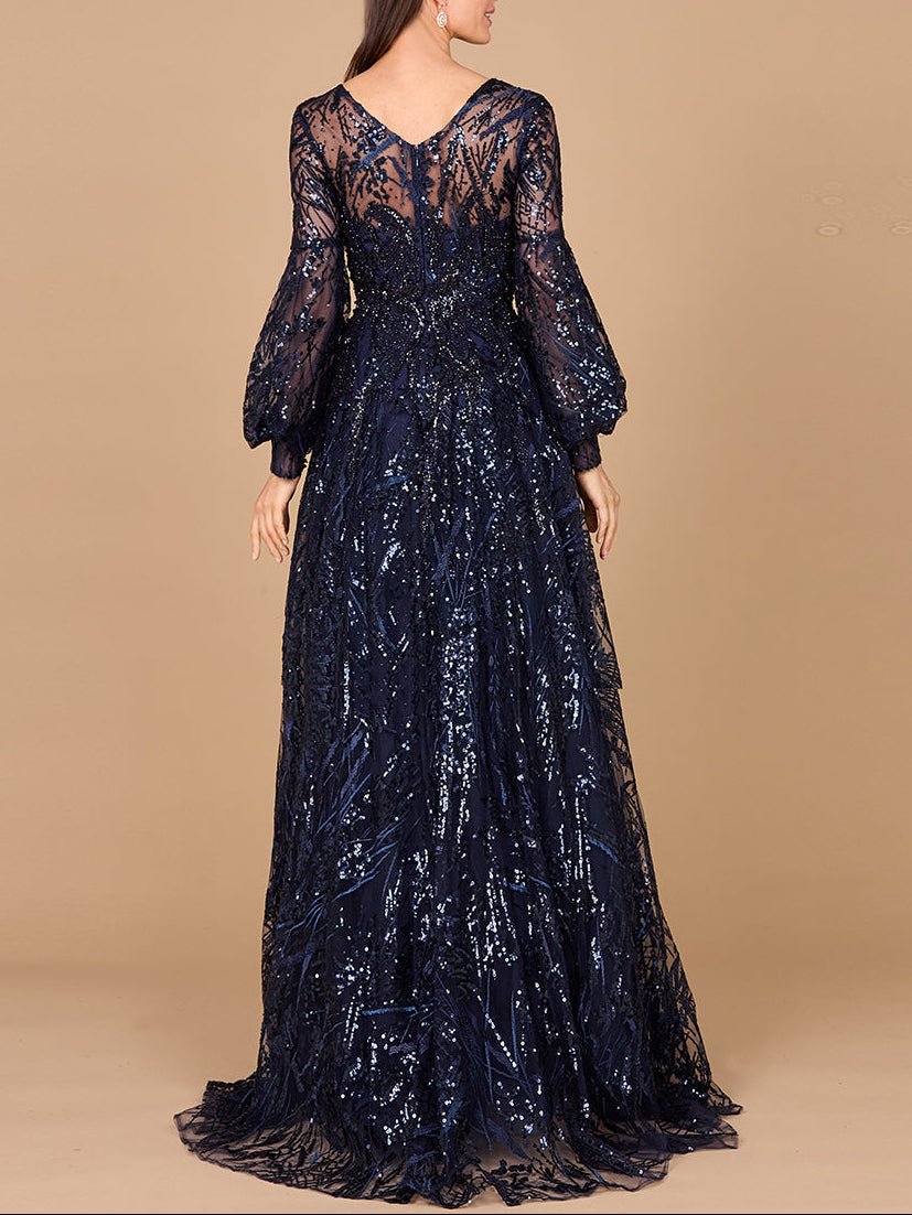 V Neckline Long Sleeve Gown by Lara New York