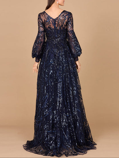 V Neckline Long Sleeve Gown by Lara New York