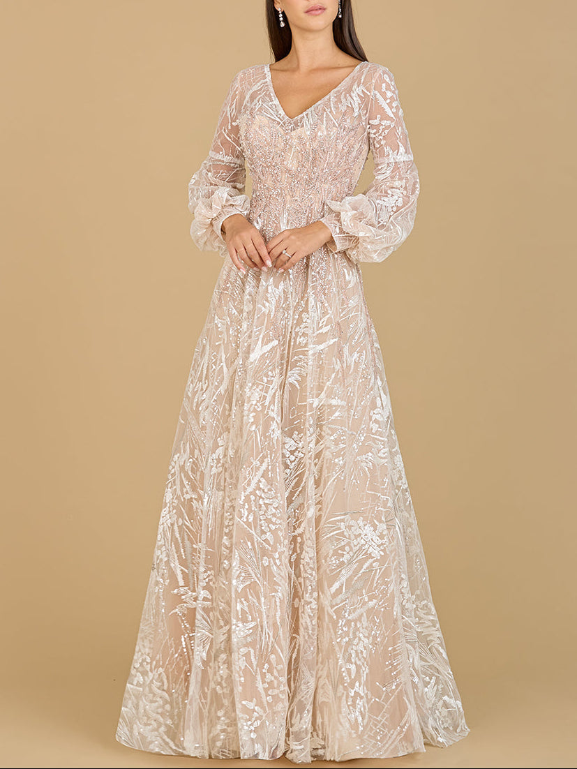 V Neckline Long Sleeve Gown by Lara New York