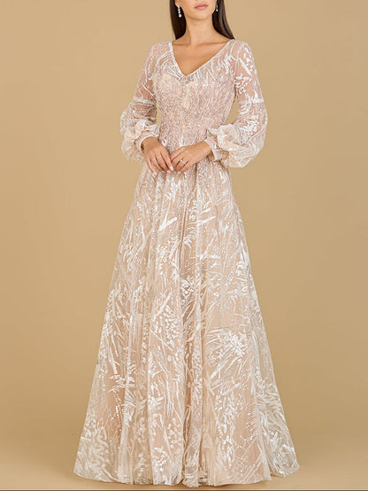 V Neckline Long Sleeve Gown by Lara New York