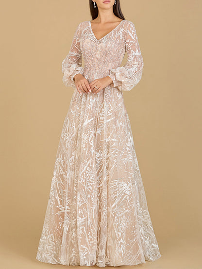 V Neckline Long Sleeve Gown by Lara New York