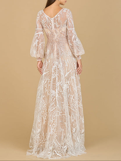 V Neckline Long Sleeve Gown by Lara New York