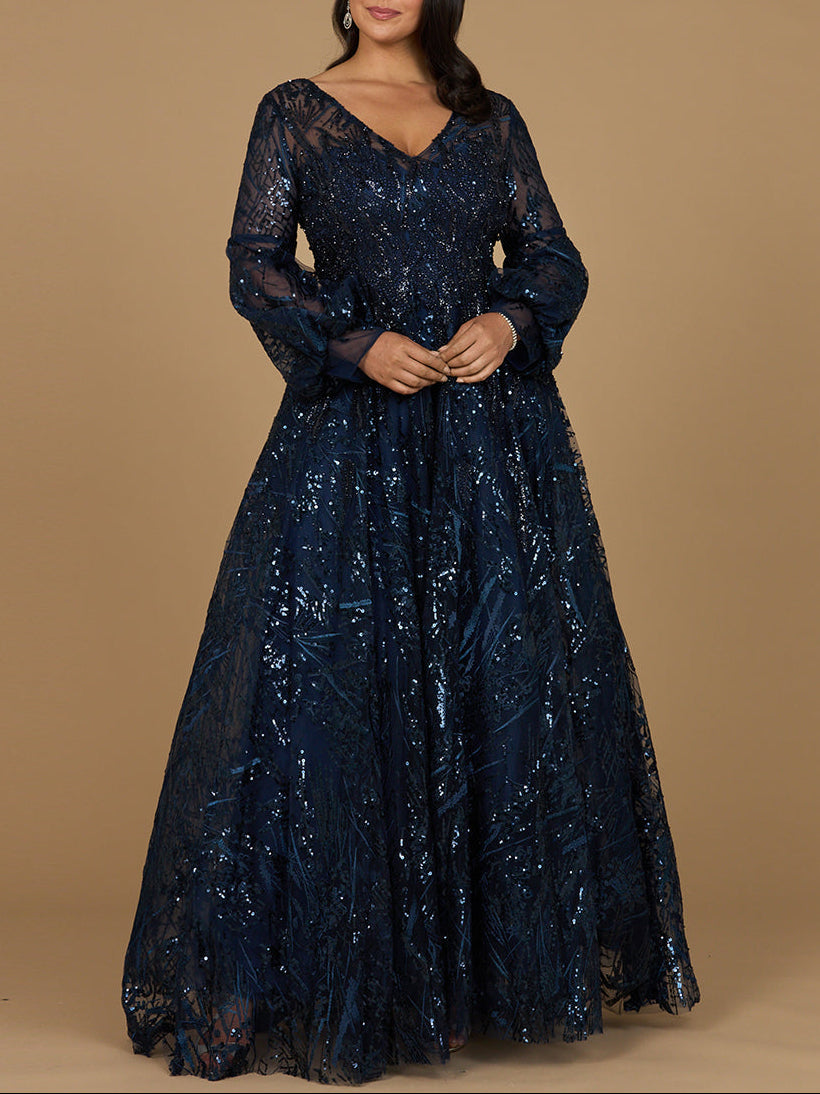V Neckline Long Sleeve Gown by Lara New York