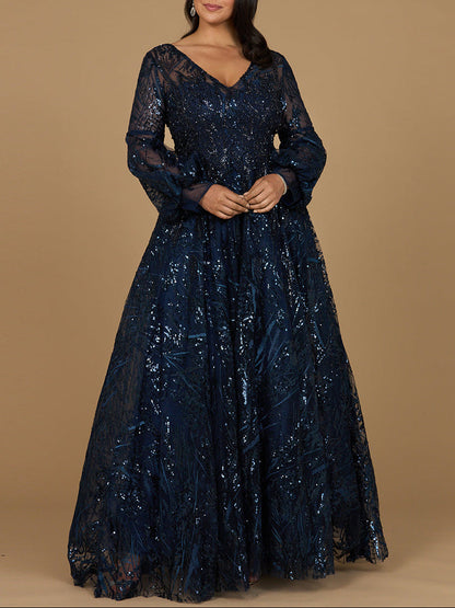 V Neckline Long Sleeve Gown by Lara New York