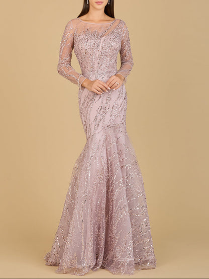 Long Sleeve Mermaid Beaded Gown by Lara New York