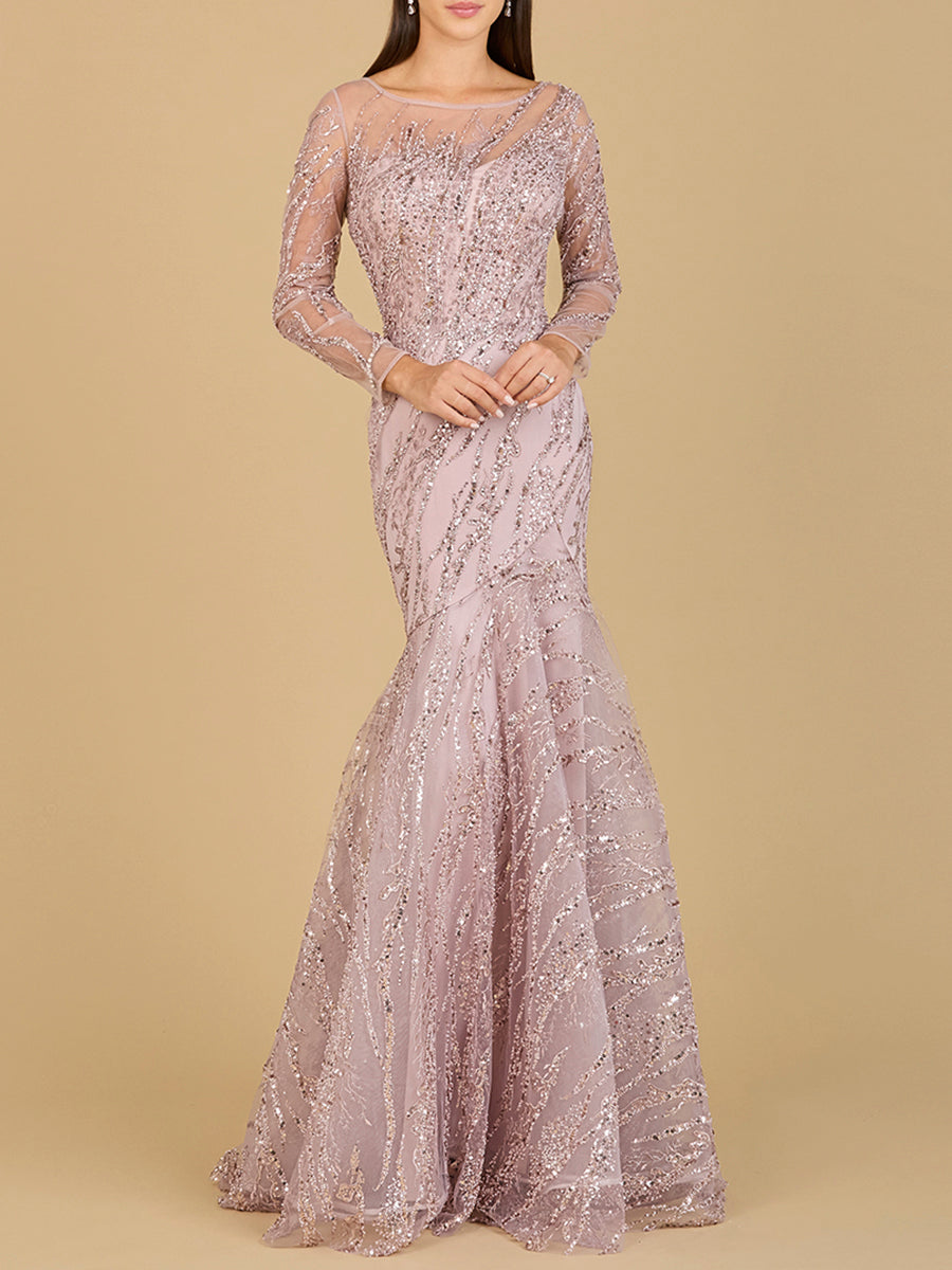 Long Sleeve Mermaid Beaded Gown by Lara New York
