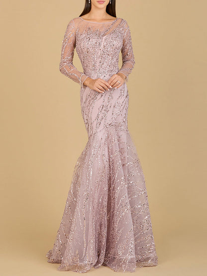 Long Sleeve Mermaid Beaded Gown by Lara New York