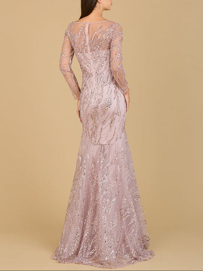 Long Sleeve Mermaid Beaded Gown by Lara New York