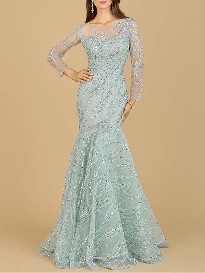 Long Sleeve Mermaid Beaded Gown by Lara New York