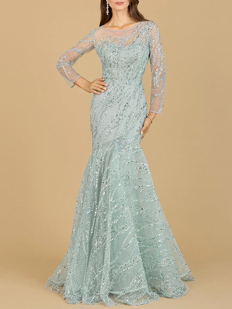 Long Sleeve Mermaid Beaded Gown by Lara New York