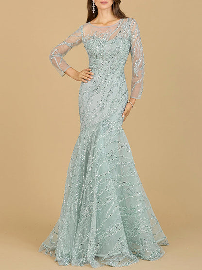 Long Sleeve Mermaid Beaded Gown by Lara New York