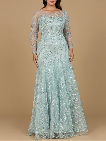 Long Sleeve Mermaid Beaded Gown by Lara New York