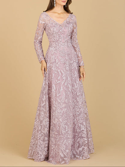 A-line Gown With Long Sleeves, V-Neckline by Lara New York