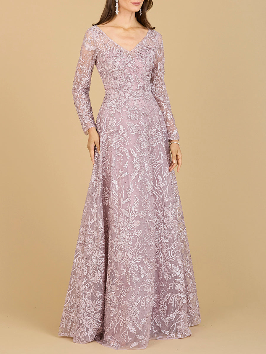 A-line Gown With Long Sleeves, V-Neckline by Lara New York
