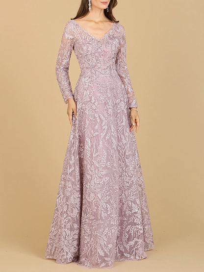 A-line Gown With Long Sleeves, V-Neckline by Lara New York