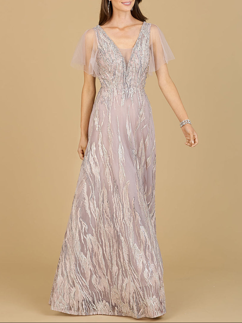 Cape Sleeve V-Neck Gown - OUTLET by Lara New York