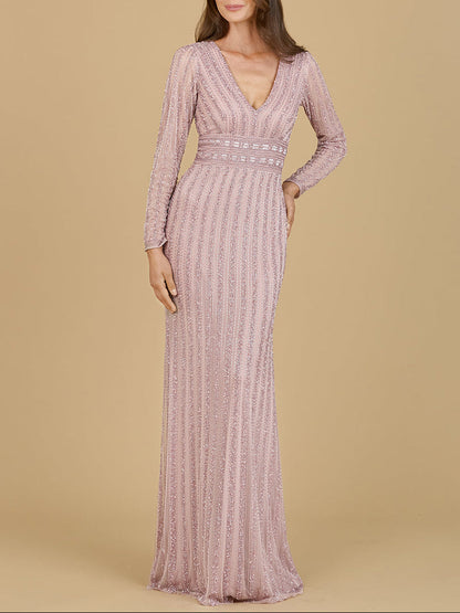 Long Sleeve V-Neck Beaded Gown by Lara New York