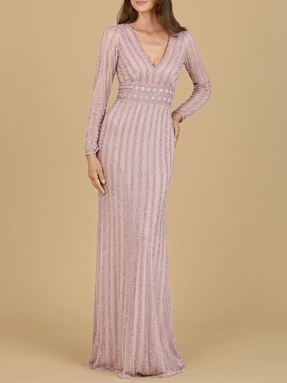 Long Sleeve V-Neck Beaded Gown by Lara New York