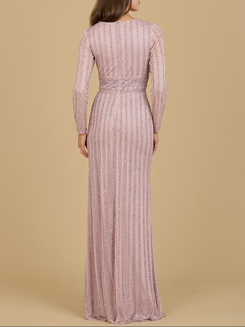 Long Sleeve V-Neck Beaded Gown by Lara New York