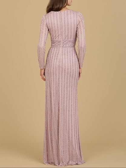 Long Sleeve V-Neck Beaded Gown by Lara New York